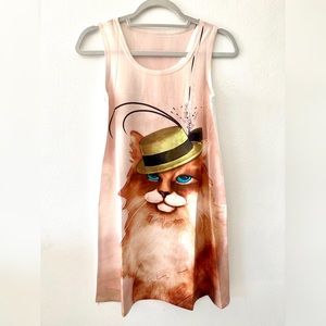 NWT SLEEVELESS CASUAL T-SHIRT A-LINE MINI DRESSES CAT PRINT CREWNECK BEACH TANK